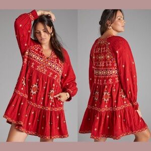 Anthropologie Red Bohemian Embroidered Dress